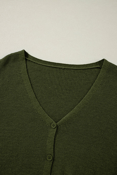 Lightweight Ribbed Knit Button Front V Neck Cardigan